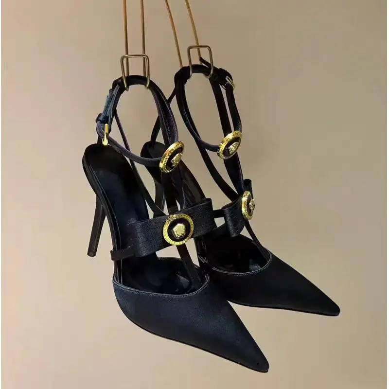 

2024 New Pointed Shallow Mouthed Metal Bow T-Shaped Buckle with Thin Heels, Ultra-High Heels, and Toe Sandals for Foreign Trade