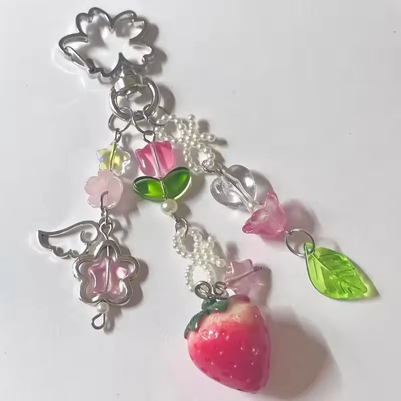 2pcs/set Red Strawberry Bow Keychain Y2K Coquettish Fairytale Lily of the Valley Handbag Pendant Key Ring Accessories Girls Gift