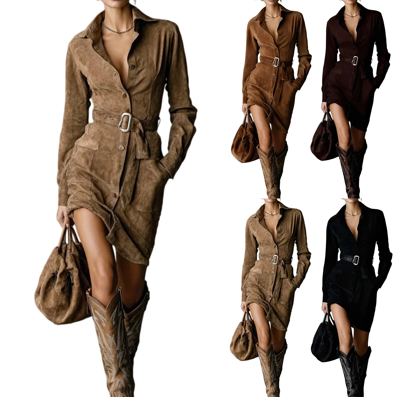 Damska sukienka koszulowa w stylu retro, zapinana na guziki, z klapami, długim rękawem, średniej długości, z paskiem, kieszeniami, jednolita, sukienki zimowe.