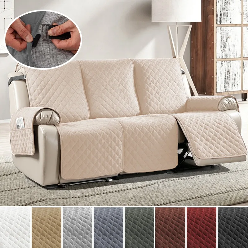 3 Seat Non-Slip Grid Recliner Sofa Cover Couch Cover with Straps Washable Electric Massage Reclining Sofa Towel for Kids Pets