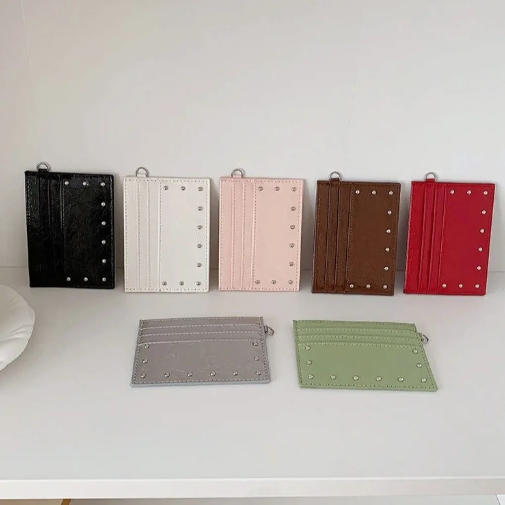 

Gift Ultra Thin Cracked Leather Card Wallet Mini Size PU Rivet Card Holder Multiple Slots Solid Color Coin Purse Student