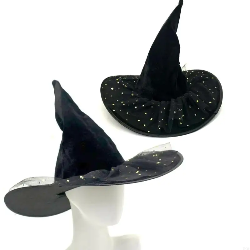 72XE Halloween Witch Hat Star Lace Designs Wizard Caps Large Black Witches Witch Hat for Halloween Party Decor Cosplay Costume
