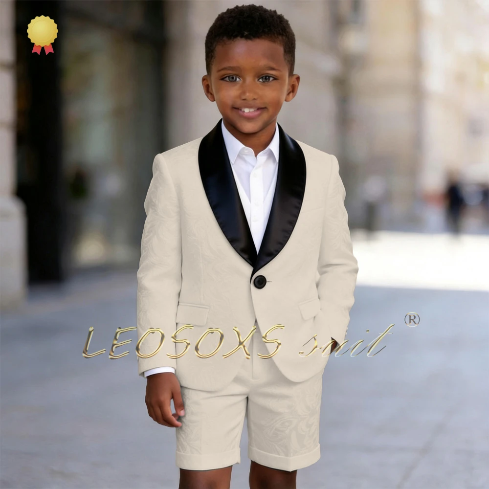 Boys' 2-Piece Jacquard Tuxedo Suit, Shawl Lapel Blazer & Rolled Hem Shorts for Wedding Ring Bearers & Formal Events