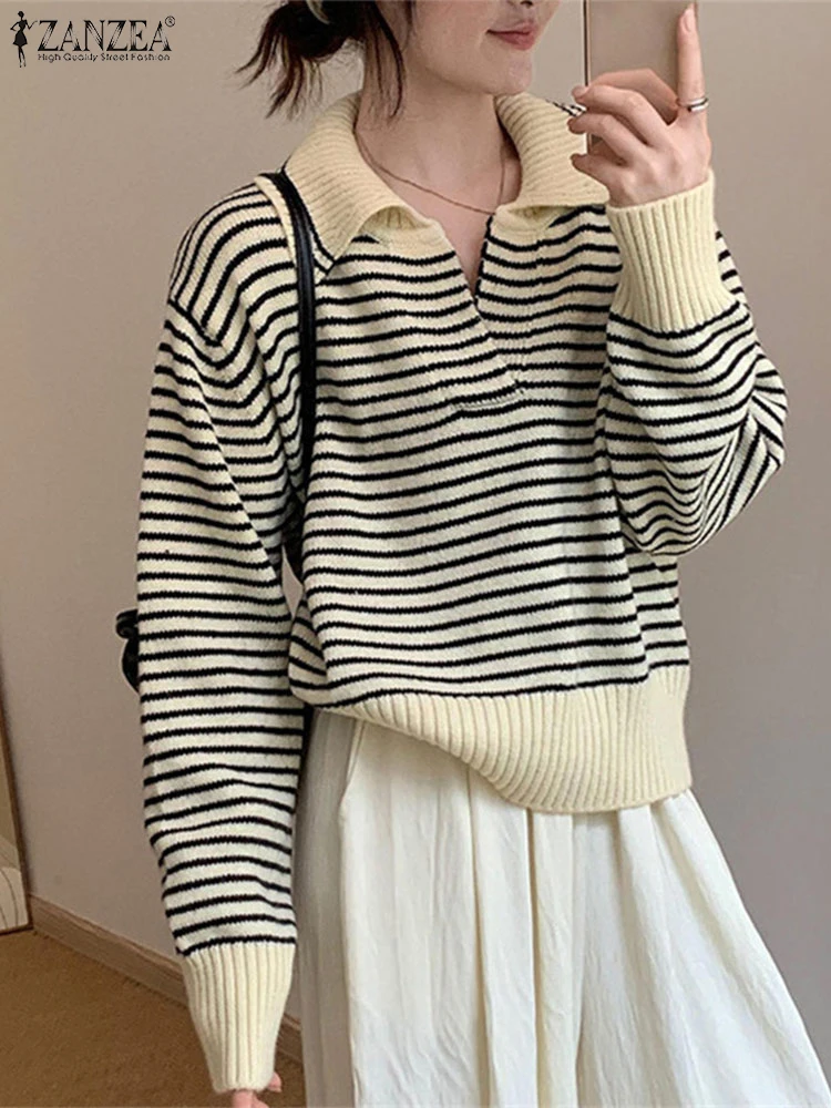 

ZANZEA 2021, стильные осенние вязаные свитера с воротником с лацканами и длинными рукавами, женские пуловеры, джемперы со стременами, повседневные свободные зимние свитера