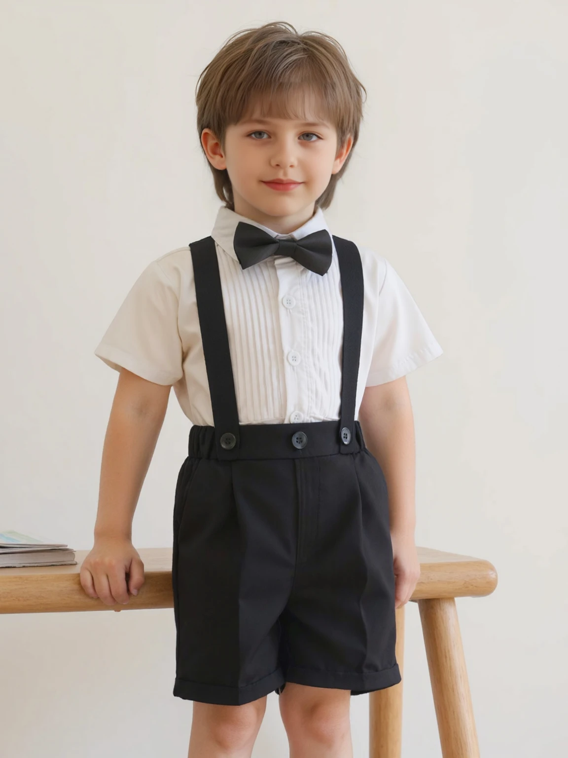 

4pcs Boys Suit Set with Shirt Pants Tie Straps School Uniform girl Children's Attire Custom Kids Wedding Party Birthday Gift Set