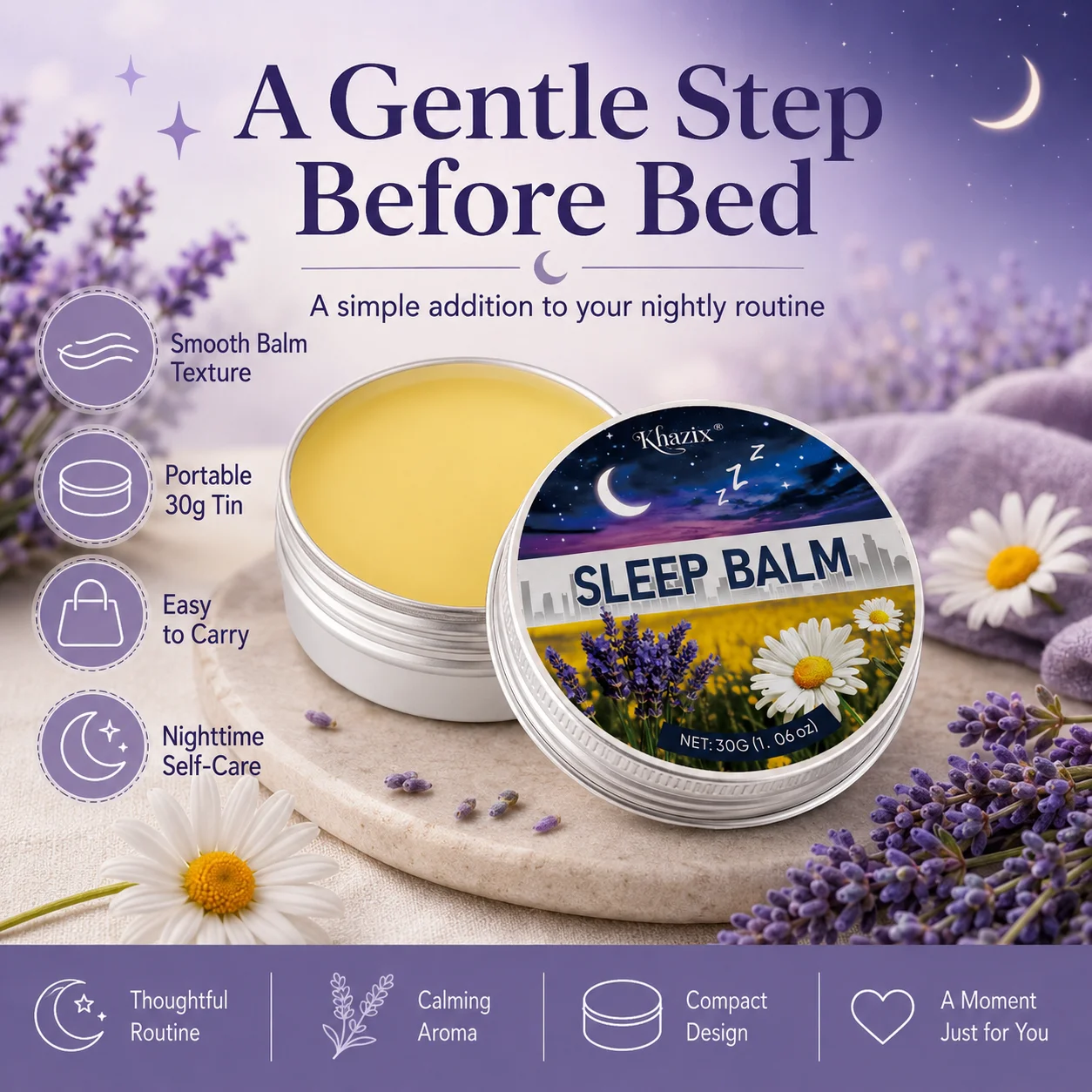 30g Sleep Balm Lavender Chamomile Nighttime Balm Calming Aroma Smooth Skin Friendly Pocket Size for Bedtime Routine Travel