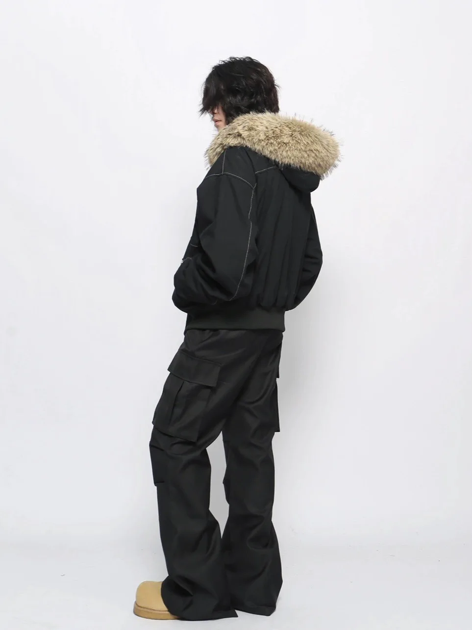 American Retro High Street High-End Feel Fur Collar Fleece-Lined Thickened Hooded Jacket Loose Casual Jacket Cotton Coat  Men