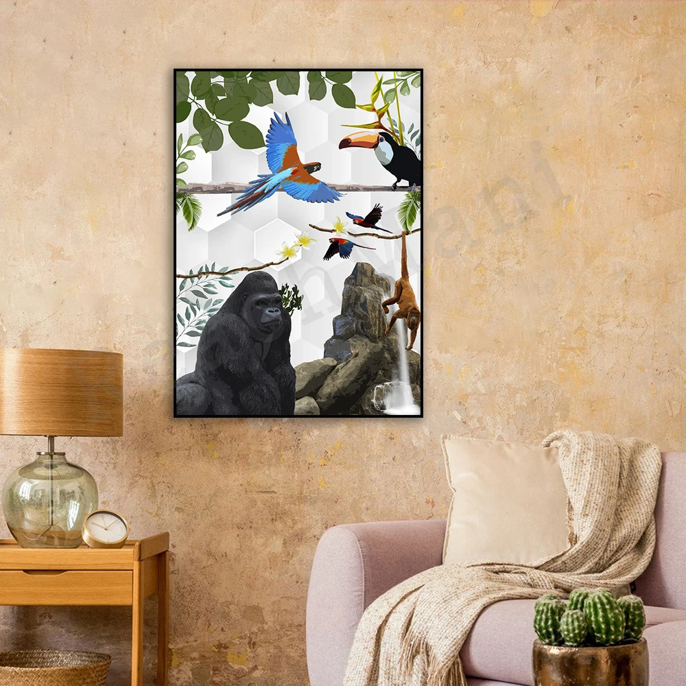 Green nature, inspired animal art, peaceful nature splash, wildlife and tropical birds poster, gift fun art for nature lovers