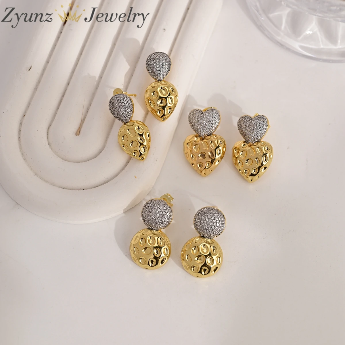 5 Pairs, Fashion Gold Silver Color Paving CZ Zircon Heart/Round Stud Earrings Valentine's Day Girlfriend Gift