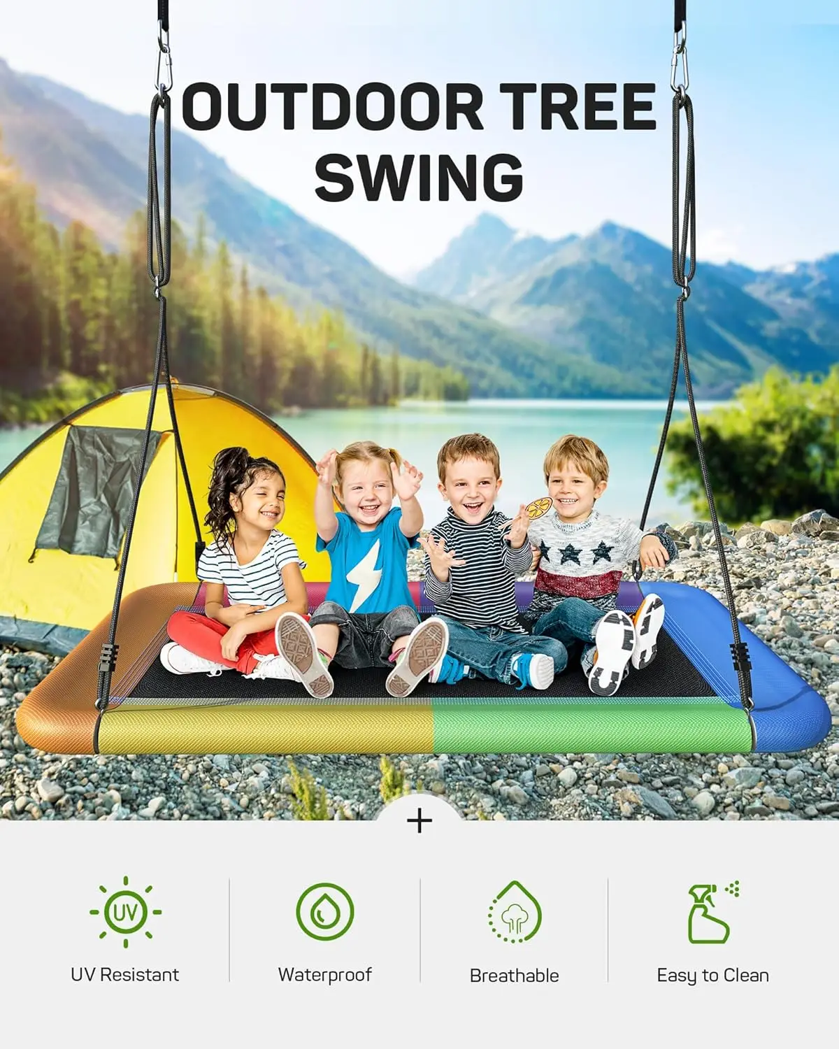 Baumschaukel für Kinder und Erwachsene, 60" wasserdichte rechteckige Plattformschaukel, 700lbs Heavy Duty mit verstellbaren Trägern, Regenbogen