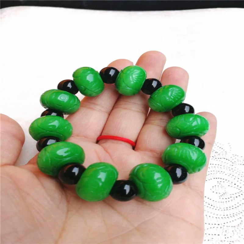 Supply Myanmar Dried Tielongsheng Carved Emperor Green Men and Women Jade Jewelry Bracelet