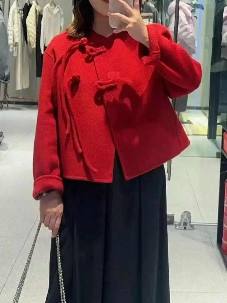 

Winter 2024 New Chinese Sle Wool Blend ort Coat Loose Women's Jaet Red Button Design Long Sve round Ne Outerwear