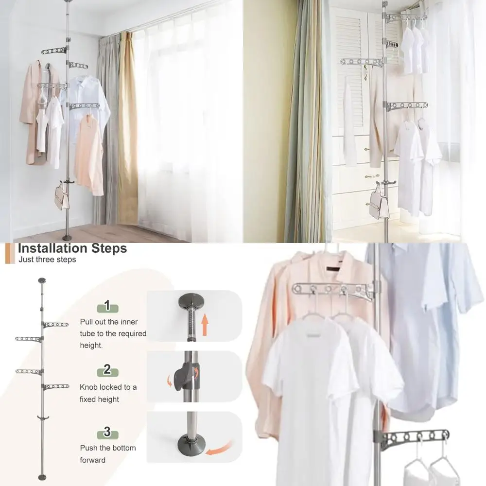 

Grey Metal Floor-to-Ceiling Corner Laundry Rack with 4 Arms, 1 Hook, and Adjustable Tension for Drying Clothes