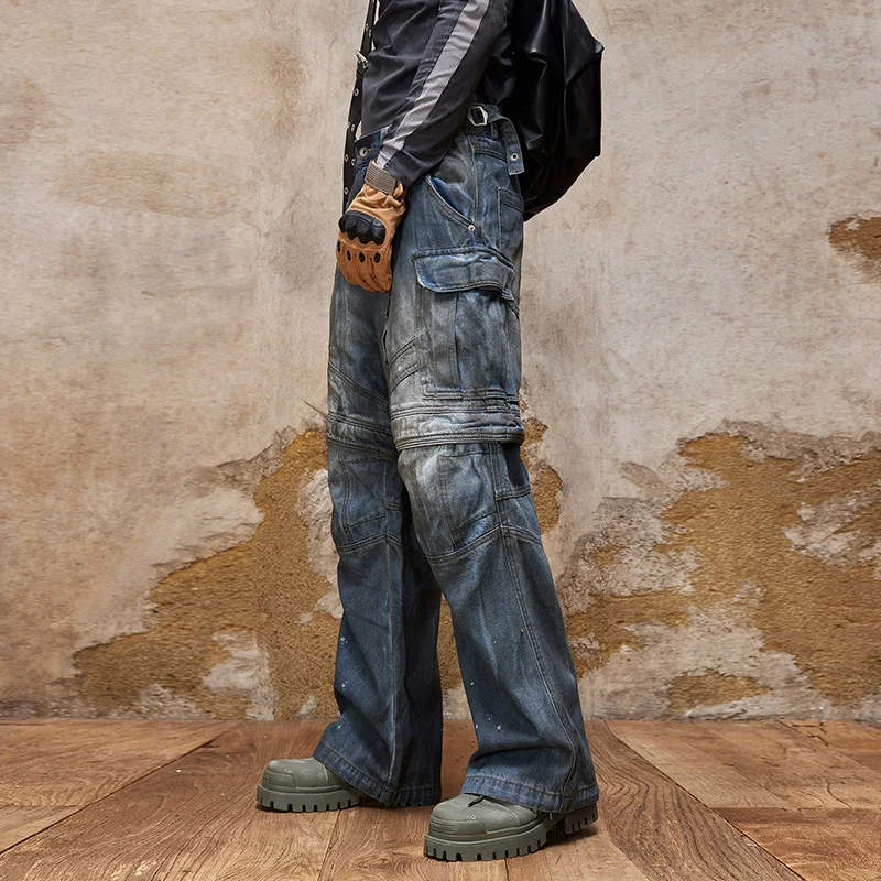 Cargo Jeans Men Loose Baggy Pants Wide Leg Dismountable Light Blue Side Pockets Zippers Designer Patchwork Moto Biker Jeans Man