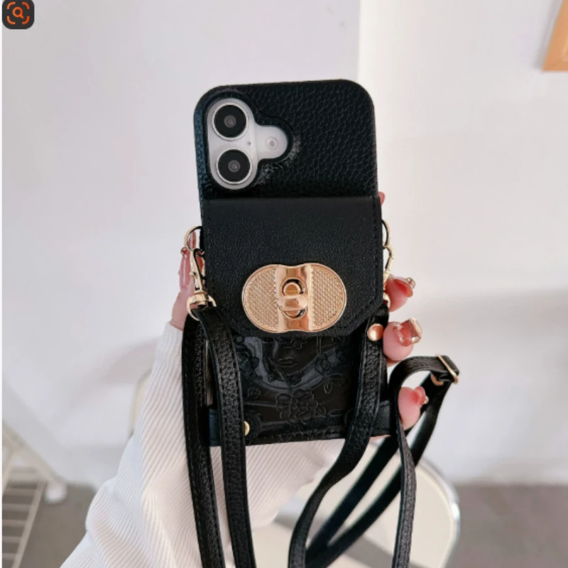 

New Phone Case for iPhone 16 Coin Purse 15promax Lychee Pattern 14pro Inclined Back Style 13 Card Insertion 1211 Protective Case