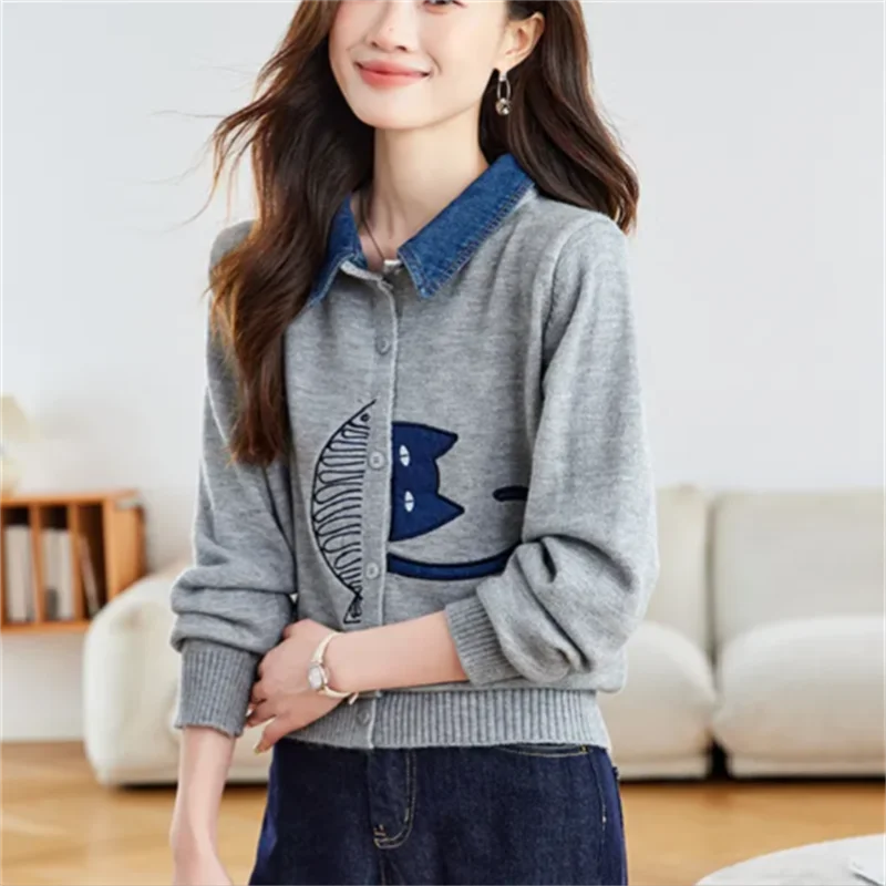 

Женские джинсовые лоскутные пальто, вязаные топы, короткая тонкая верхняя одежда с отложным воротником и вышивкой, куртка на пуговицах, женское пальто