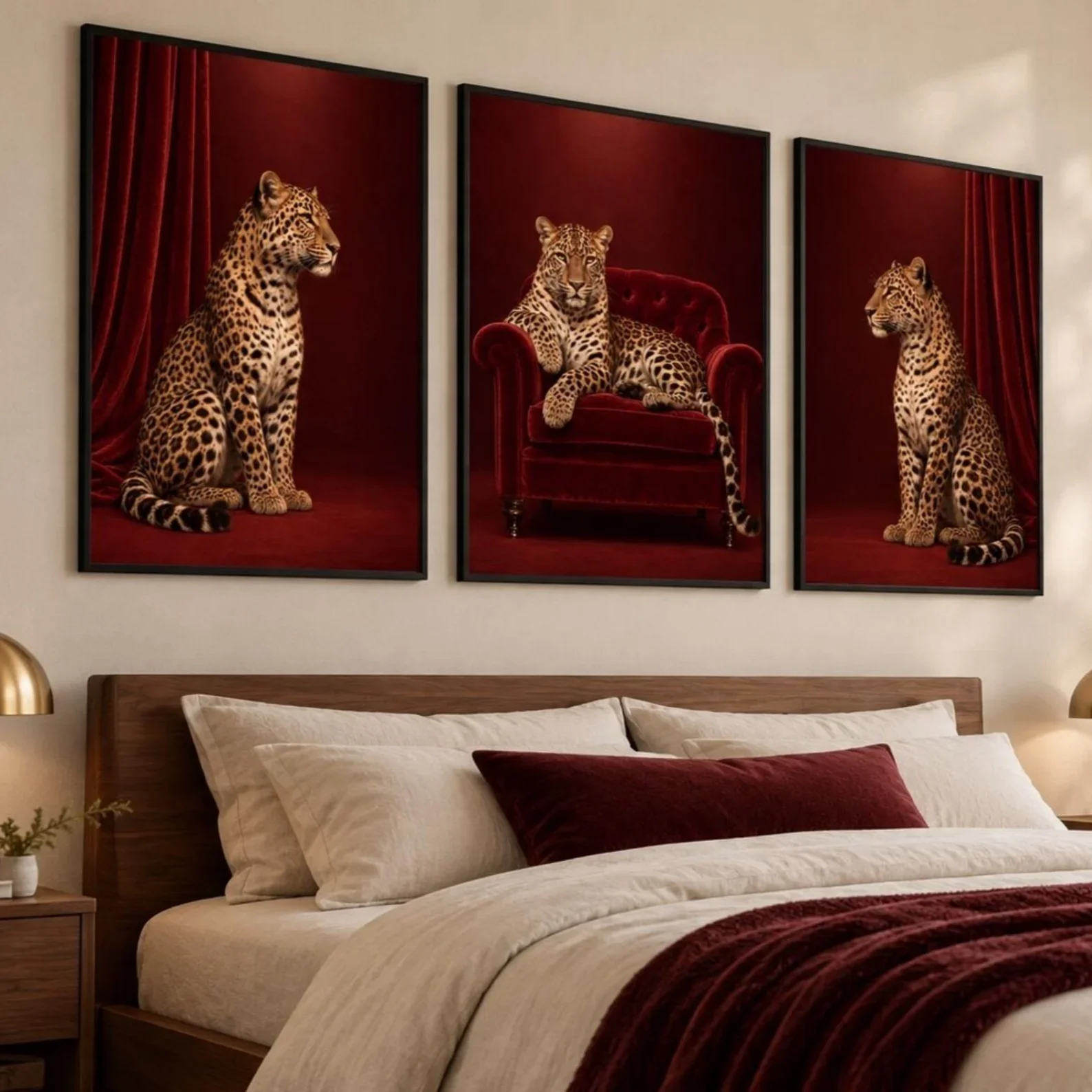 Wild Leopard Beside Red Velvet Curtain Canvas Painting Leopard On Vintage Convertible Car Art Poster Modern Luxury Home Decor