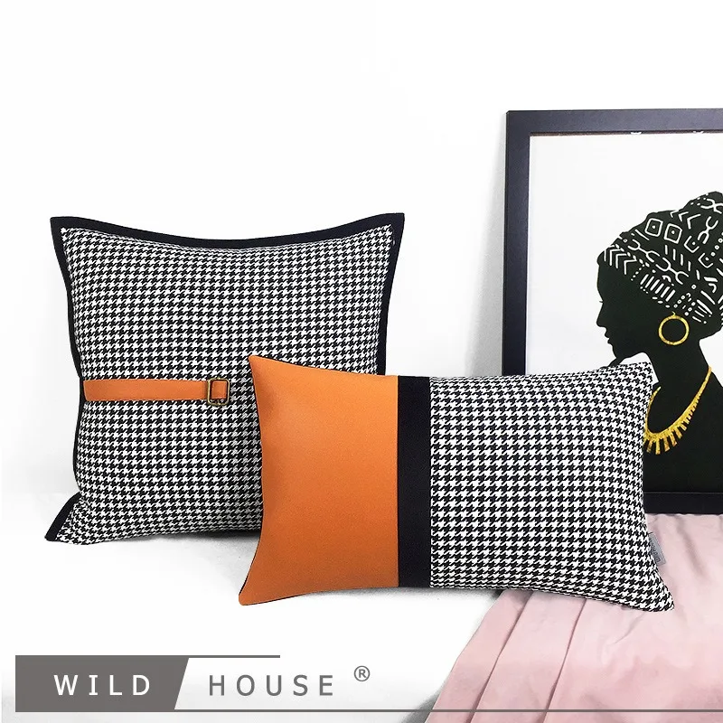 Orange Leather Splicing Pillow Black White Checkered Sofa Cushion Model Room Decoration Waist Backrest Pillow