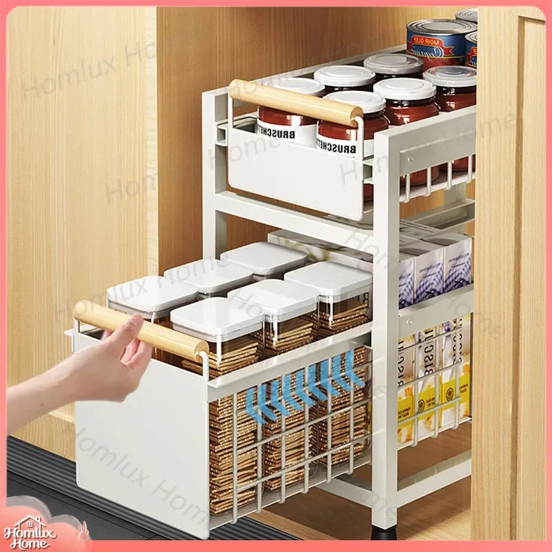 Kitchen Cabinet Rack for Sink Area Multifunctional Pull-Out Dish and Seasoning Storage Organizer with Layered Finishing