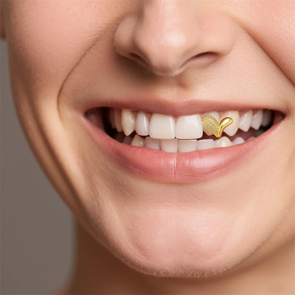 Anztilam Heart Teeth Grillz Iced Out Grill Tooth Men Women Hip Hop Grills Caps Brass Fashion Jewelry Free Ship