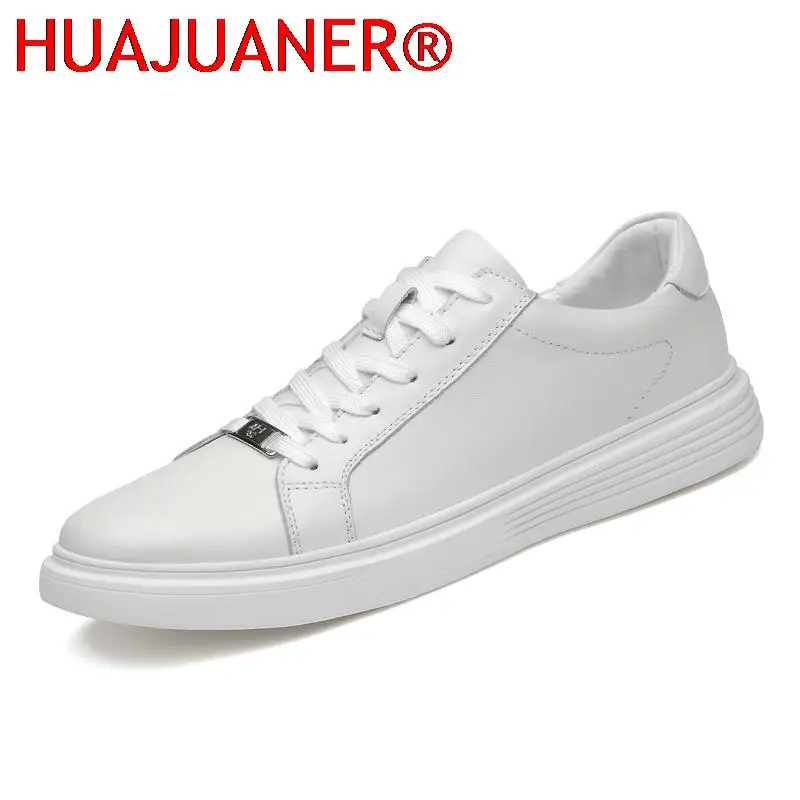 Genuine Leather Outdoor Mens Shoes Comfortable Sneakers Antiskid Lac-up Casual Shoes High Quality Leisure Walk White Shoes Men