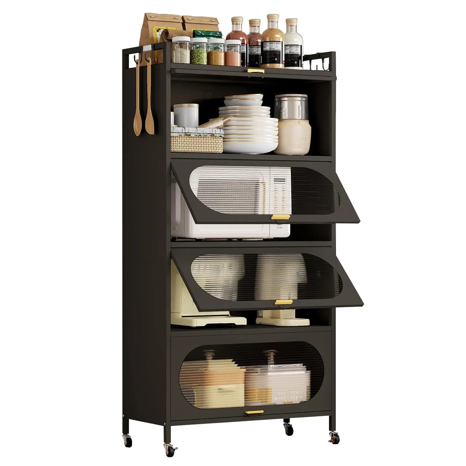 Metal Kitchen Cabinet Flip-up Doors, Freestanding Pantry 4 Wheels, 5-Tier Microwave Stand Rack Kitchen Dining Living, Customized