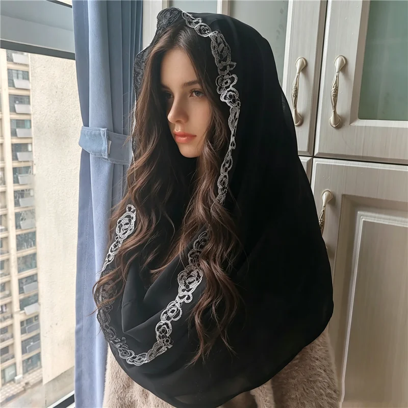 Infinity Embroidered Chiffon Mantilla Veils Mass Catholic Women Chapel Vintage Head Covering Red Black Green Blue Purple Navy