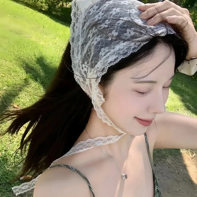Y2K Kawaii وشاح دانتيل مثلث عقال الكورية عمامة الرقبة التفاف متعدد الاتجاهات الحلو موضة صور ملحق للنساء الفتيات لطيف