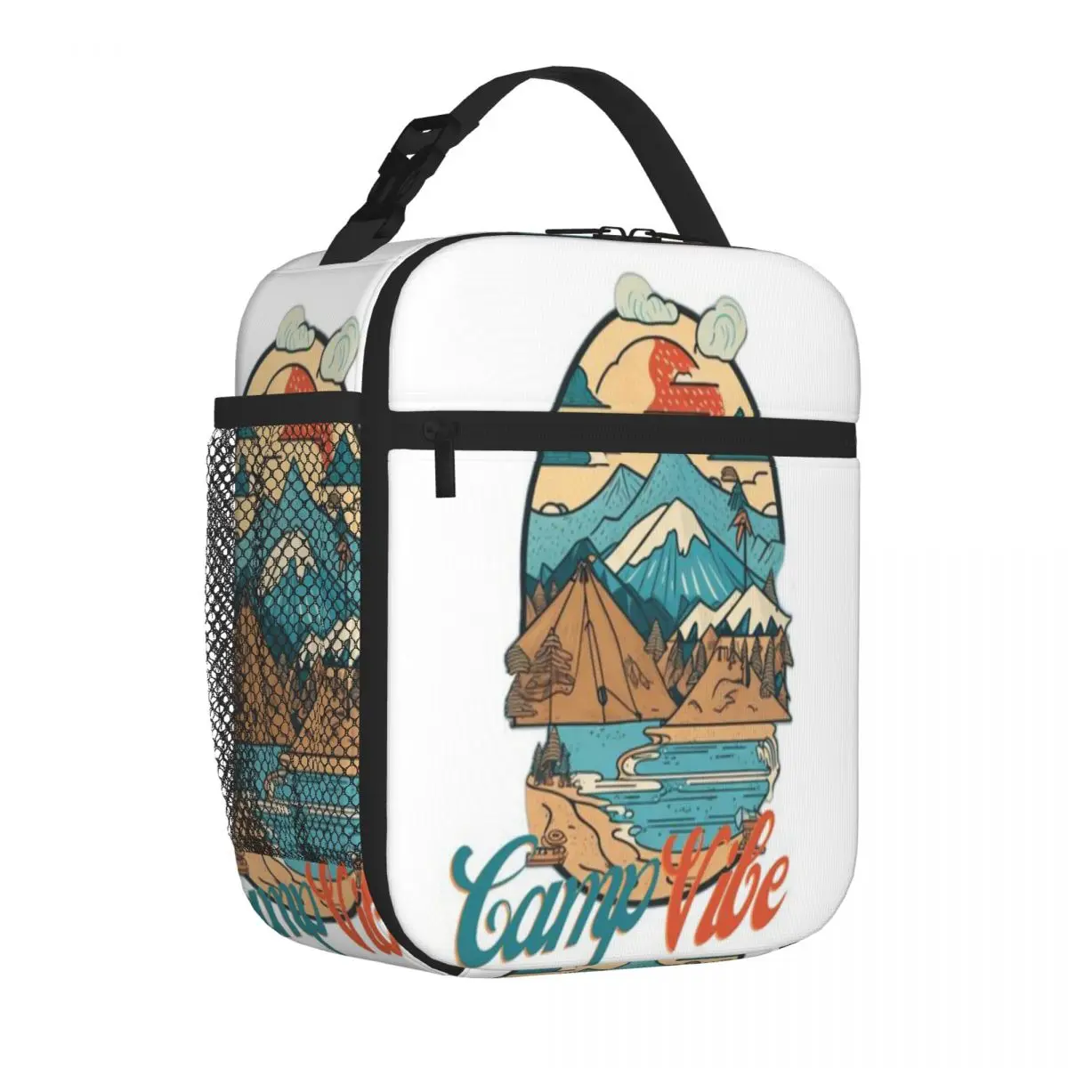 Hot Sale Retro Mountain Camp Vibe Transparent Detail Lunch Handbag Fitness Snack Neoprene Lunch Bag