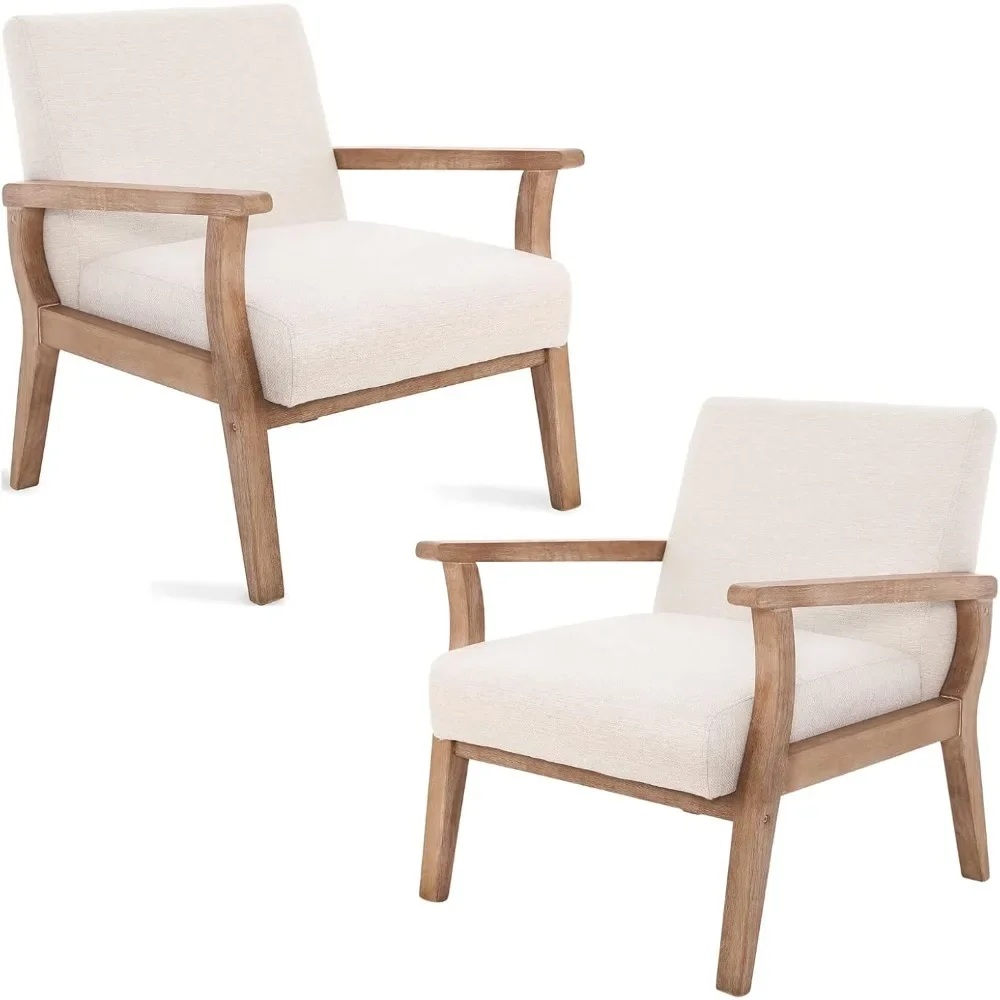 

Beige Accent Chair Set of 2 Mid Century Modern Armchair Wood Sitting Linen Fabric Upholstered Side Comfortable