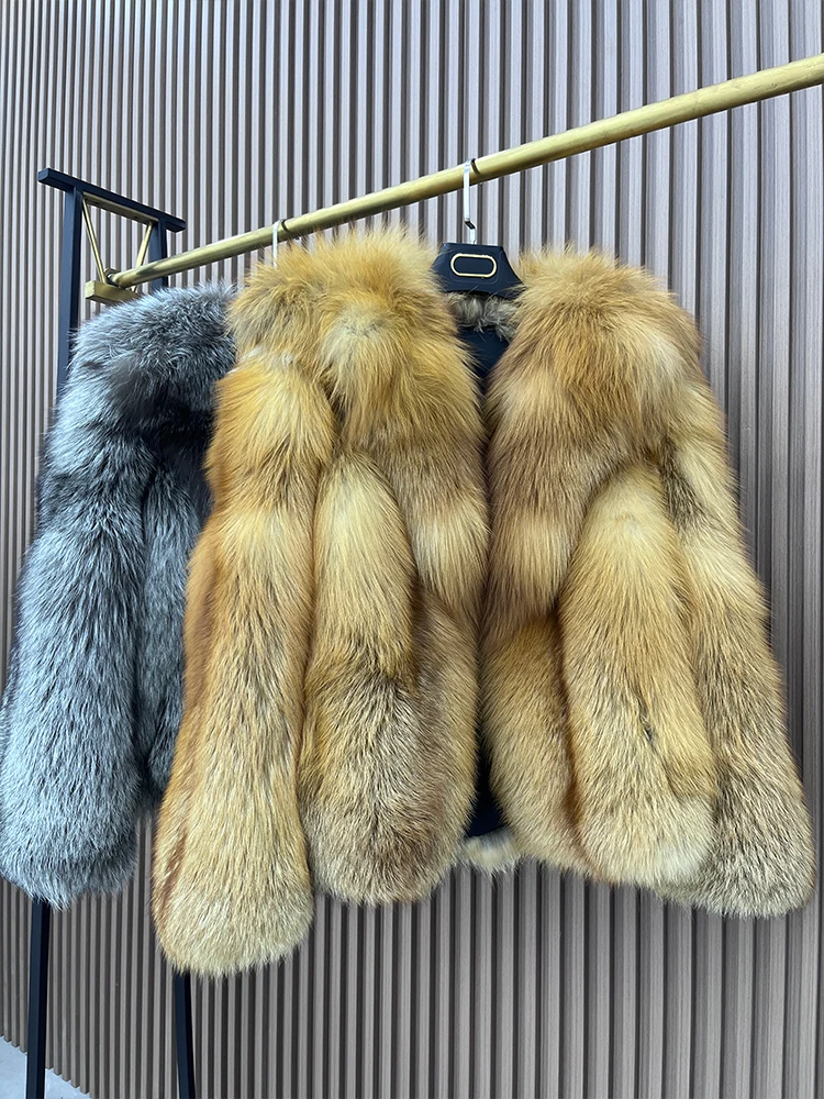 Women New Fashion Real Silver Fox Fur Jacket Full Pelt Fluffy Fur Luxury Natural Red Fox Coats Overcoat Long Sleeve