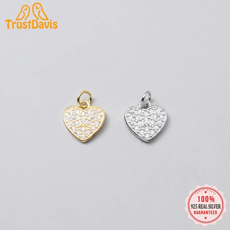 TrustDavis New Fashion Real 925 Sterling Silver Sweet Romantic Heart CZ Charm Pendant Handmade DIY Accessories Wholesale DZ35