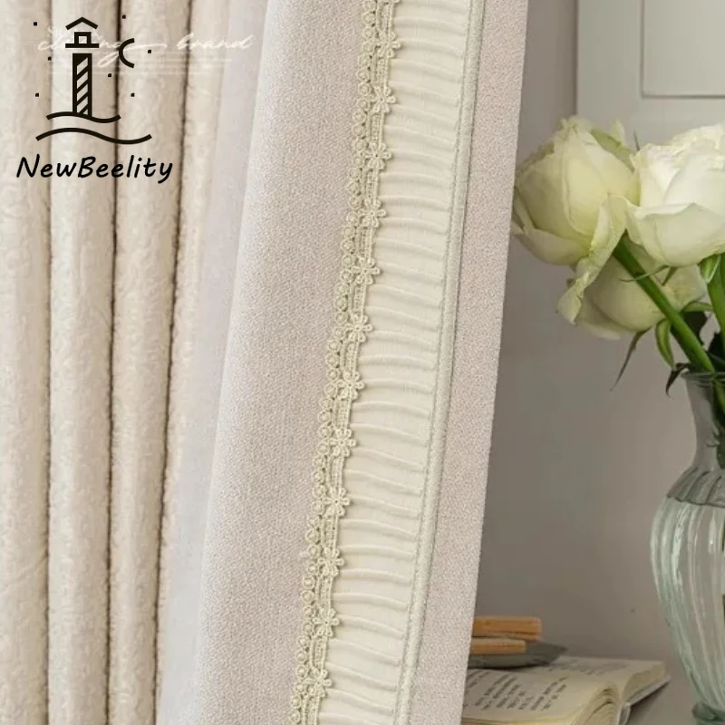Luxury Classic Chenille Curtains for Living Room Bedroom Dining Cream Color Retro Romantic Thicken Custom Size Decor White Tulle