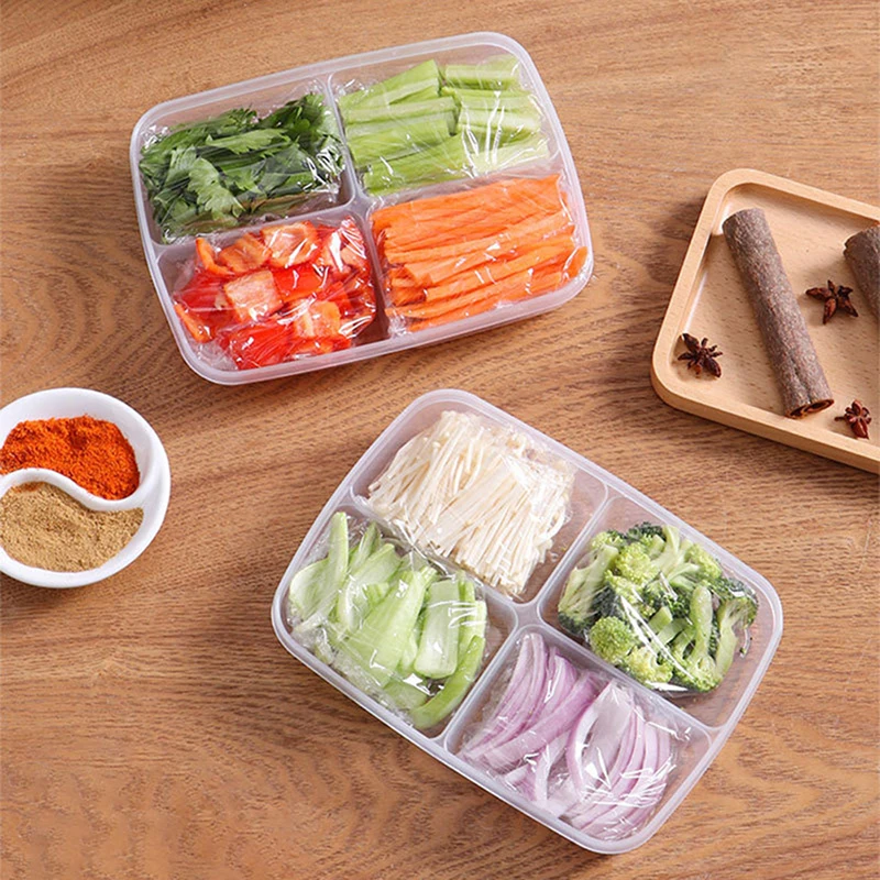 4 Grids Food Fruit Storage Box Portable Compartment Refrigerator Freezer Organizers Sub-Packed Meat Onion Ginger Clear Crisper