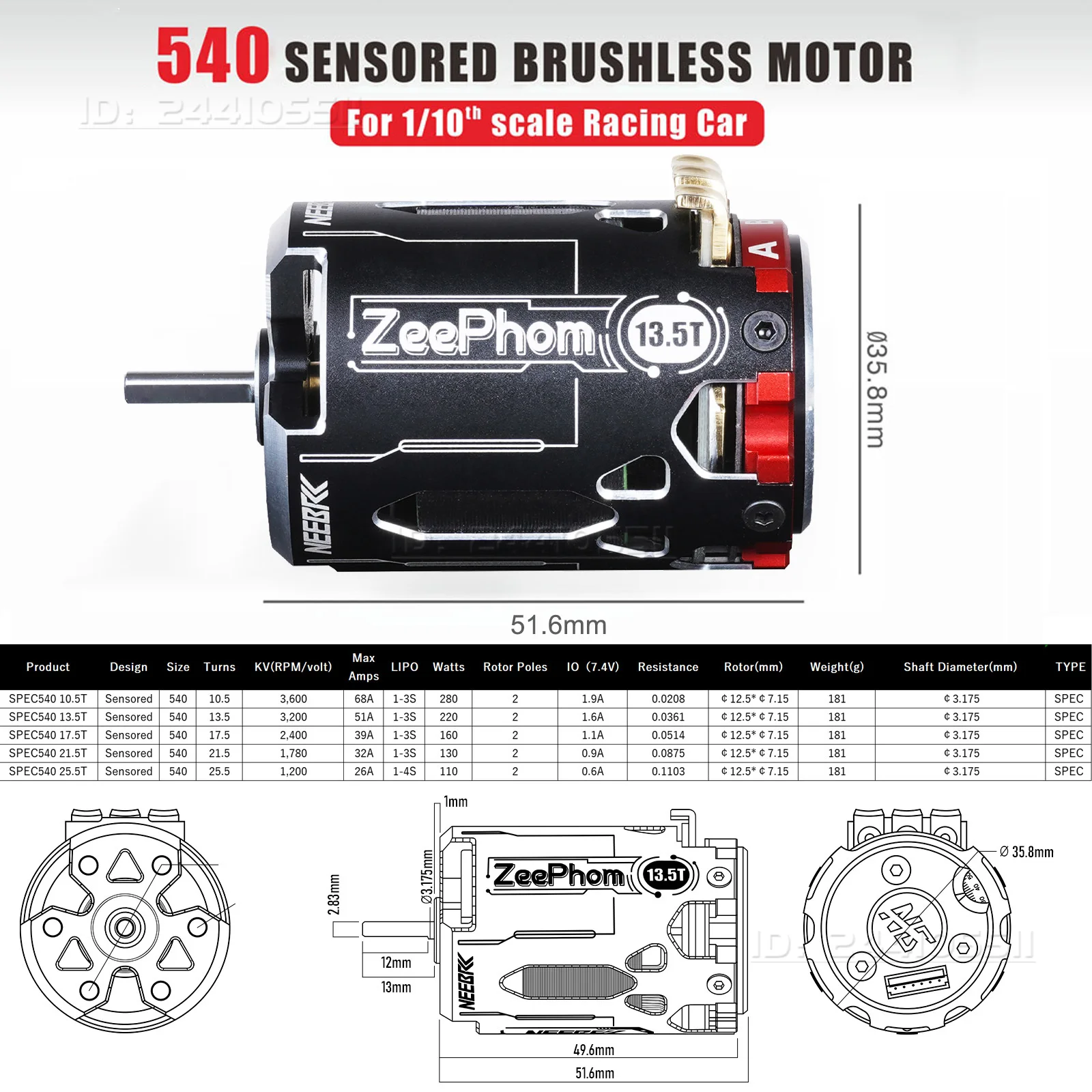 540 Sensored Brushless Motor SPEC 10.5T 13.5T 17.5T 21.5T 25.5T ZeePhom 3.175mm Shaft for 1/10 RC Drift Racing Car Competition