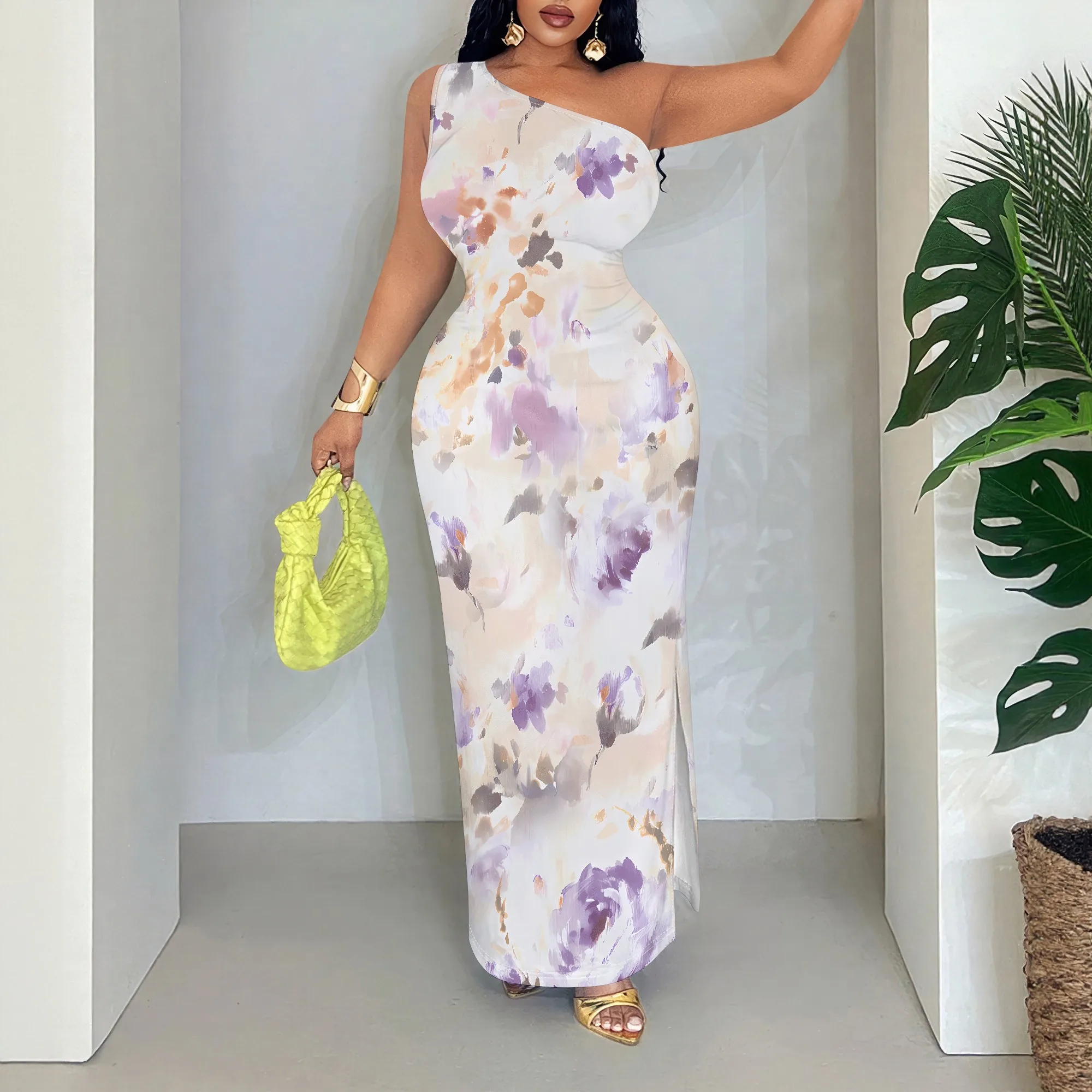 

Floral One Shoulder Maxi Dress, Sleeveless Bodycon Gown, Elegant Party Evening Wear, S-2XL