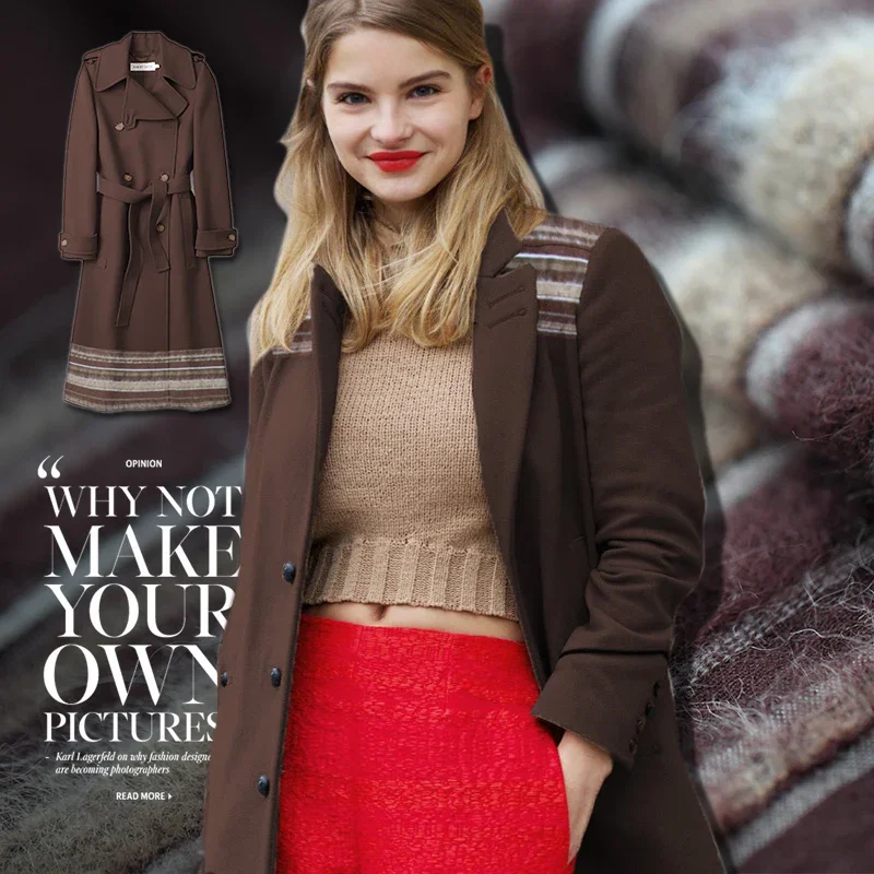 

Ткань из чистой шерсти, коричневая полоска, пушистый материал, весенне-осеннее пальто, брюки, ткань, модная литература, художественная оптовая продажа, ткань