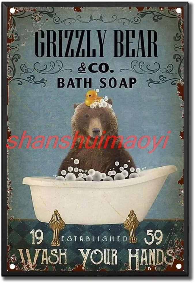 Tin Sign Grizzily Bear Co Bath Soap Wash Your Hand Canvas Bathroom Restroom Wall Toilet Decor Animal Lover Vintage Metal Tin Sig