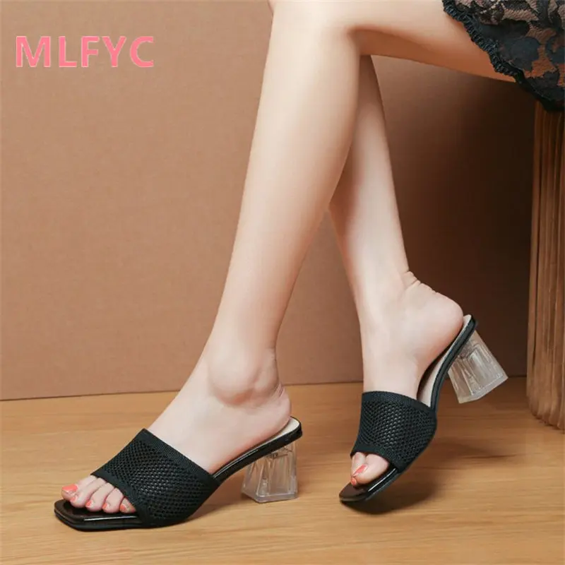 Sandals and slippers ladies wear 2023 new summer square toe square heel high heels women mesh slippers female lazy sandals