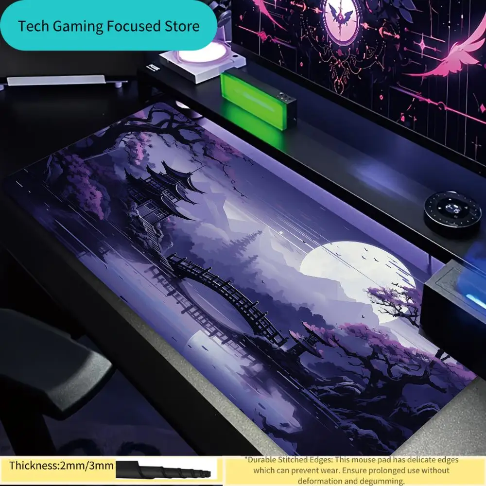 Mystical Purple Night with Black Cat Silhouette & Japanese Pagoda Extended Gaming Mouse Pad, XXL Desk Mat with Stitched Edges, 2