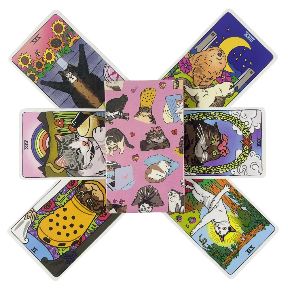 Cat Meme ไพ่ทาโรต์ 22 Major Arcana Cat Meme Tarot ตลก Witchy Cat Tarot Deck แมว Kawaii Uwu ตลกสีชมพูน่ารัก Tarot