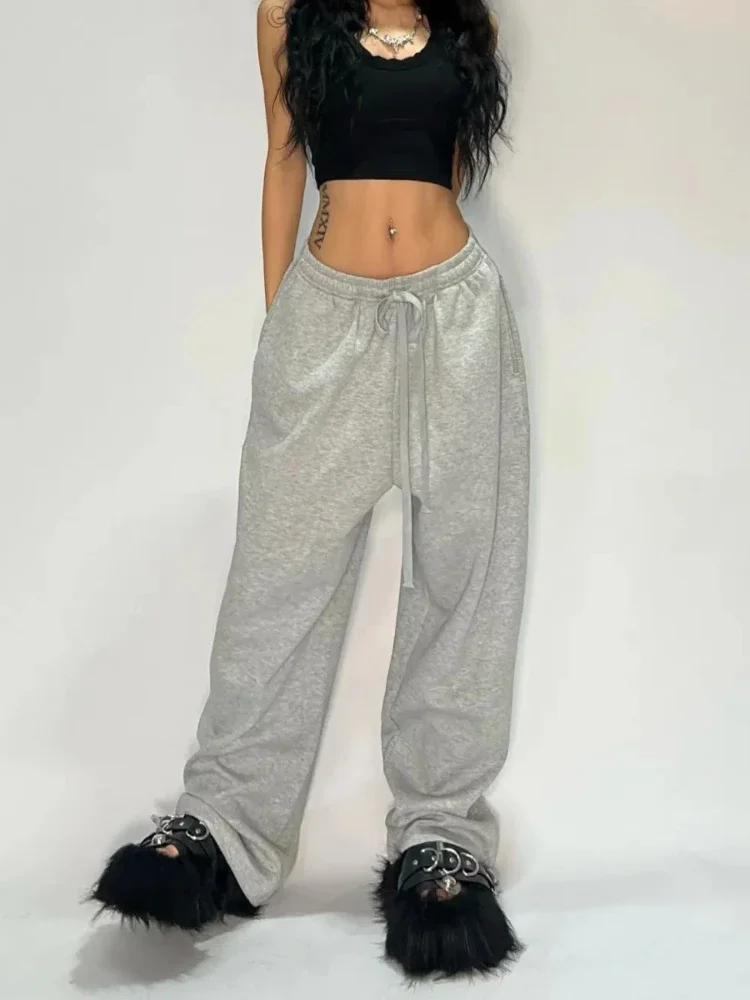 HOUZHOU Casual Gray Fleece Sweatpants Women Classic Baggy Joggers Streetwear Female Wide Leg Brushed Sport Trousers Oversized