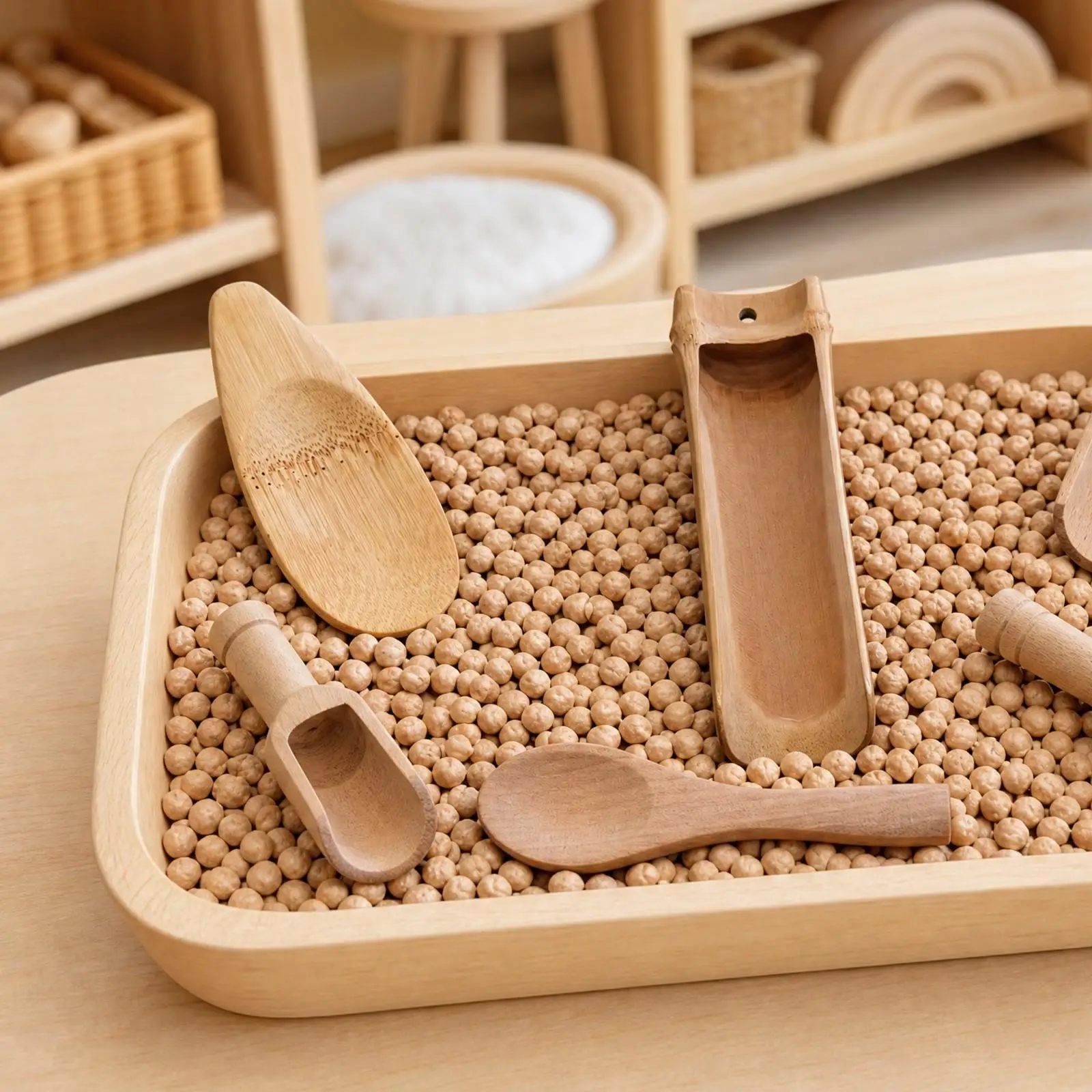 6 Pieces Wooden Sensory Spoon with Shaped Handle Tactile Sensory Learning Spoon Tool Educational Scooping Tool Natural Wood