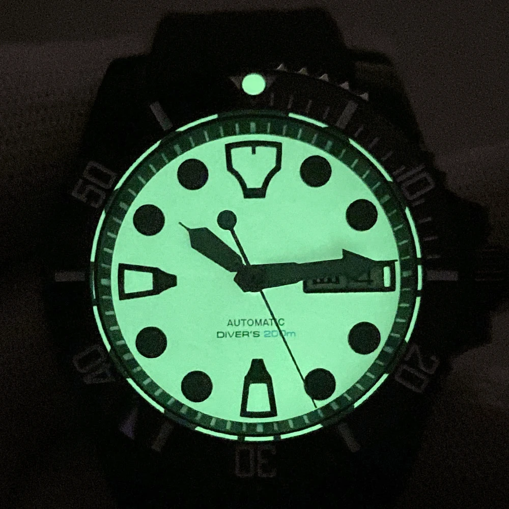 20ATM Diving Tandorio Full Luminous Dial Date Weekday Cute Indexes Black PVD Coated NH36 Automatic Men Watch Rubber Strap Buckle