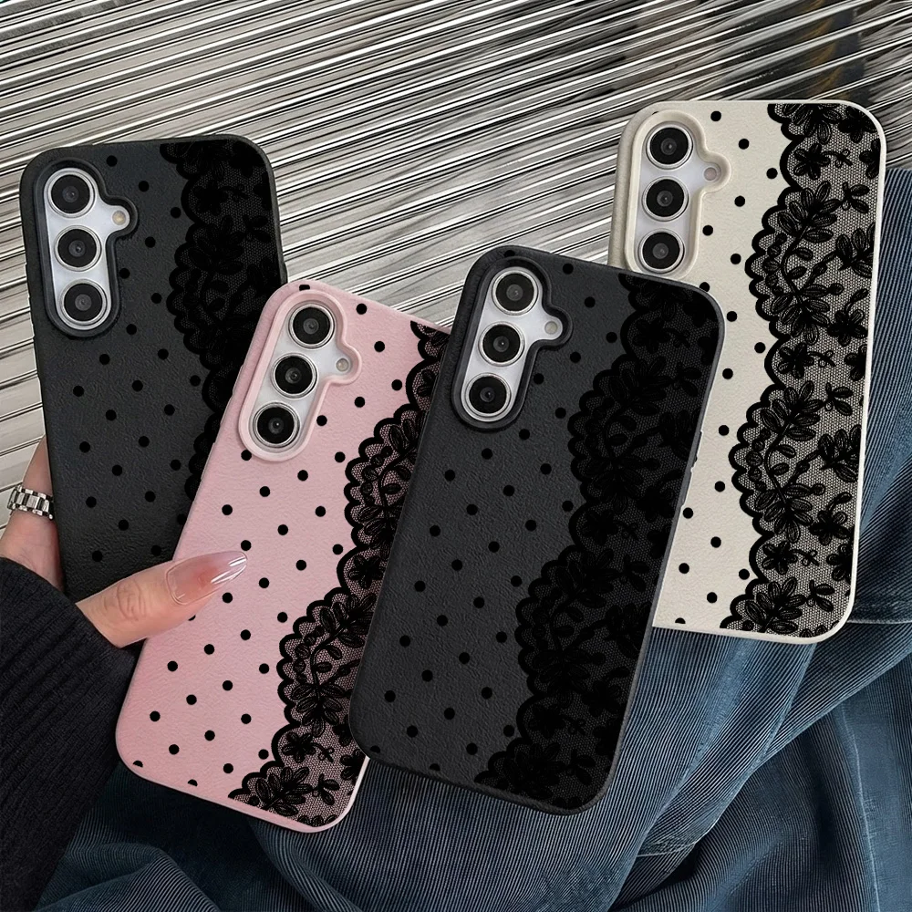 Image of Handyhülle für Samsung Galaxy S26 S25 S23 Ultra S24 FE A57 A56 A55 A54 5G A07 A06 A15 4G Hüllen Schwarz Gepunktet Spitze Blumenrand