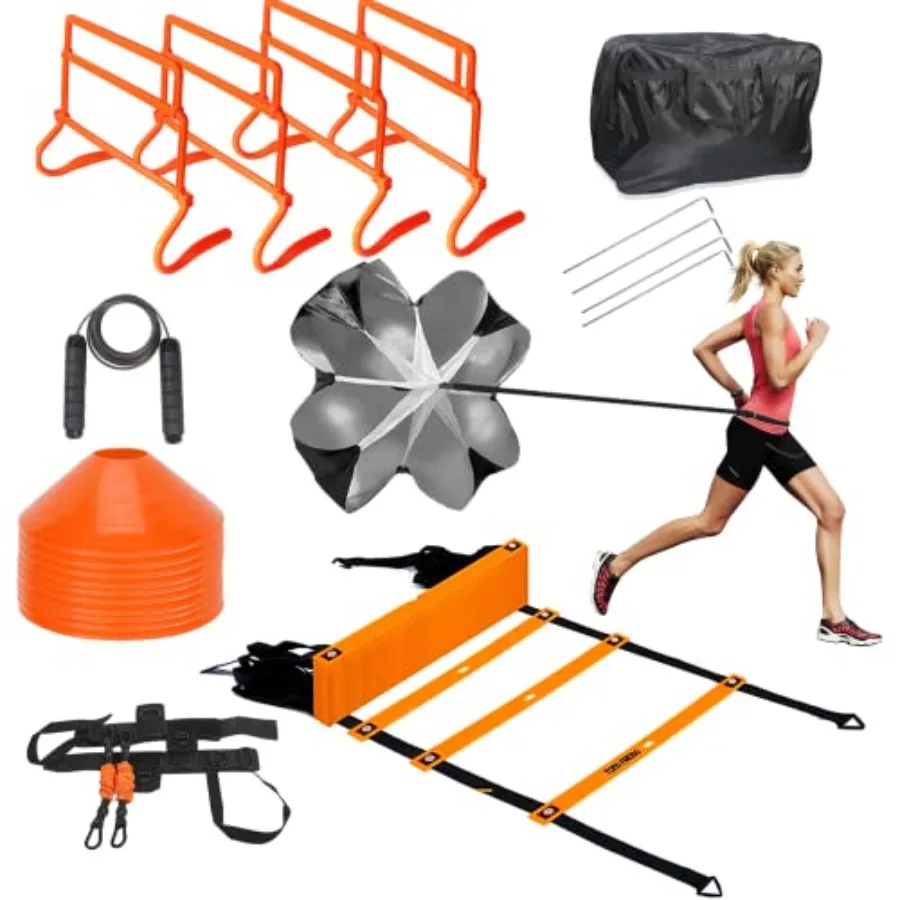 

SpeedandAgility Training Set 20Feet Agility Ladder Set with 12 Rungs, 4 Adjustable Training Hurdle, 12 Disc Cones, 2 Resistance