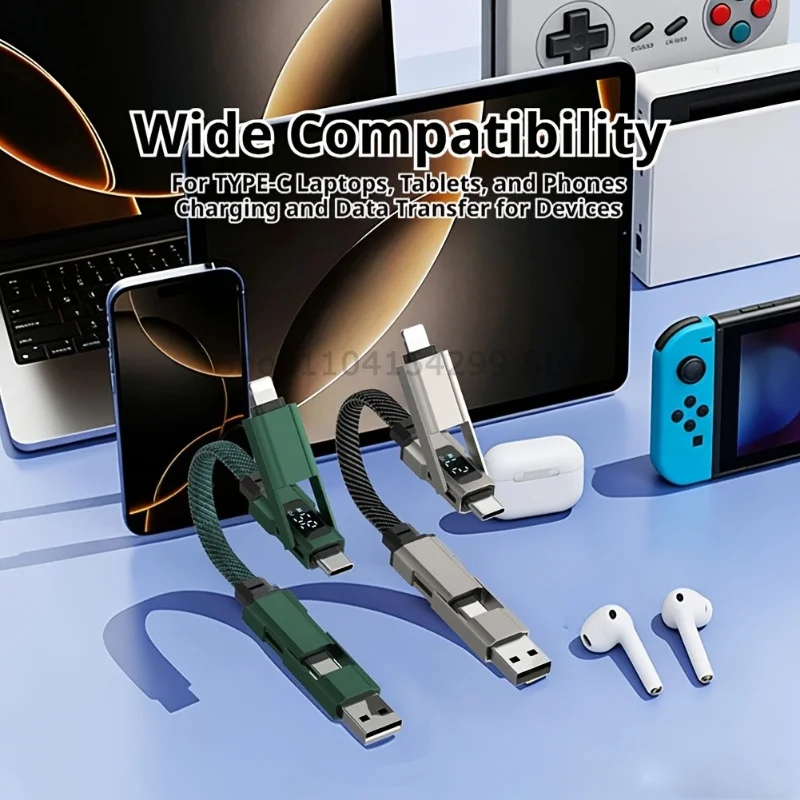 Portable 4-in-1 USB C Cable  65W Fast Charging Cord LED Display Braided Keychain Wire for Type C Lightning Phone  Home Appliance