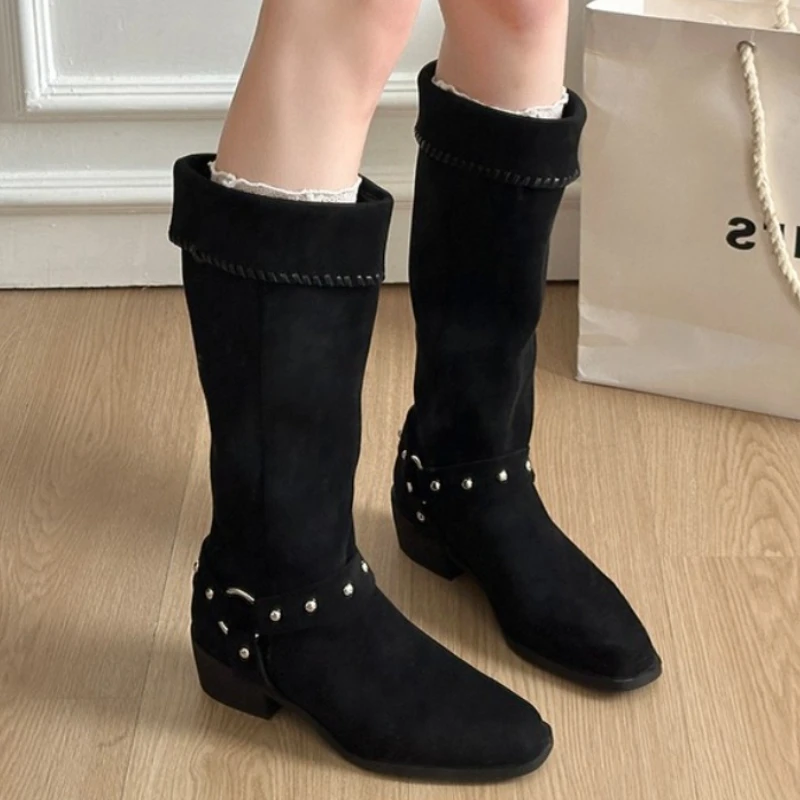 

Women High Boots Suede Heeled Shoes Elegant New 2025 Trend Fashion Chunky Knee High Heels Chelsea Winter Boots Party Pumps Botas