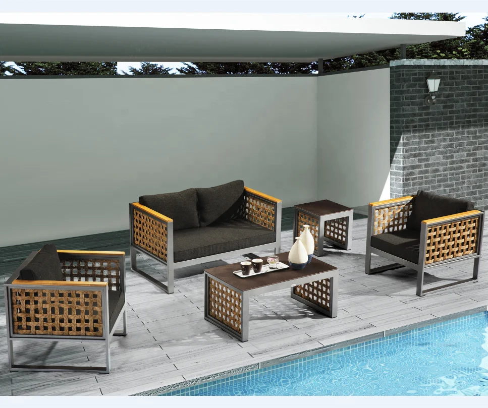 

Aluminum Sling Rope Garden Sofa Set Outdoor Furniture Modern Rattan Nordic Rattan Sofa