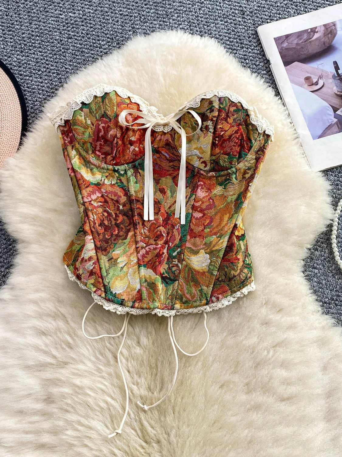 Top Corto con Encaje Dulce para Mujer, Top sin Mangas con Bordado Intenso, Patrón de Pintura al Óleo, Sexy, con Cinturón de L...